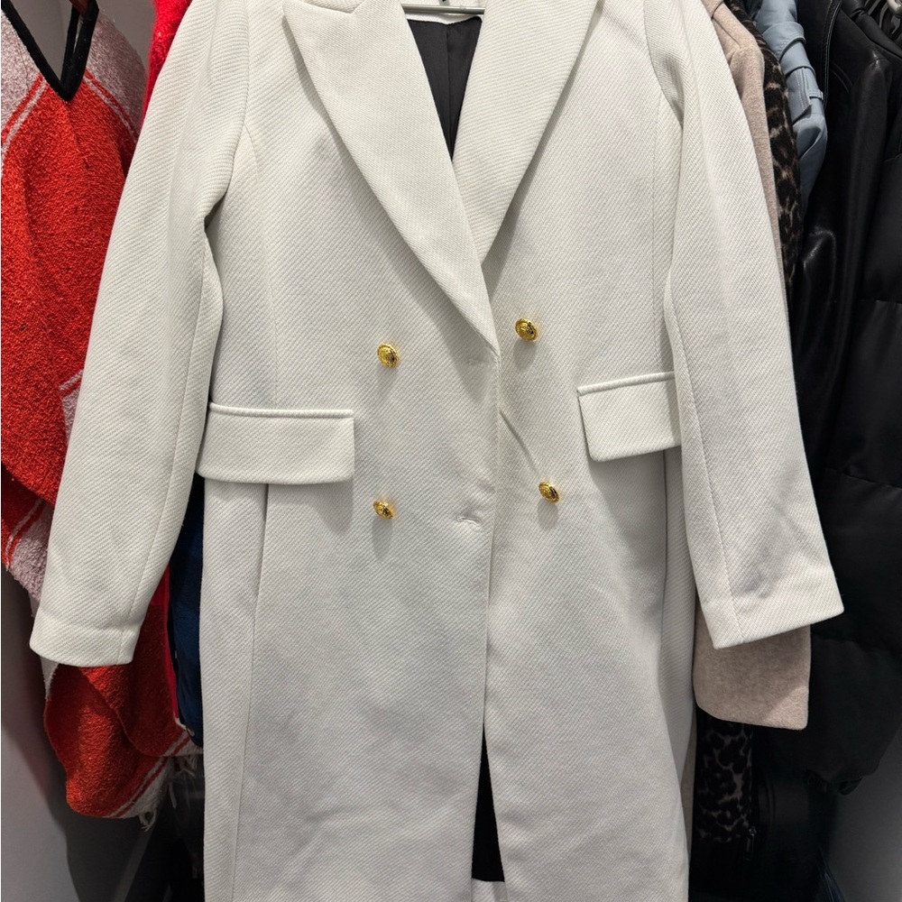 BCBGMaxAzria White Trench Coat with Gold Buttons